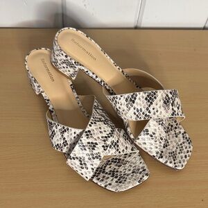 Reformation Black and Cream Snake Print Sandals